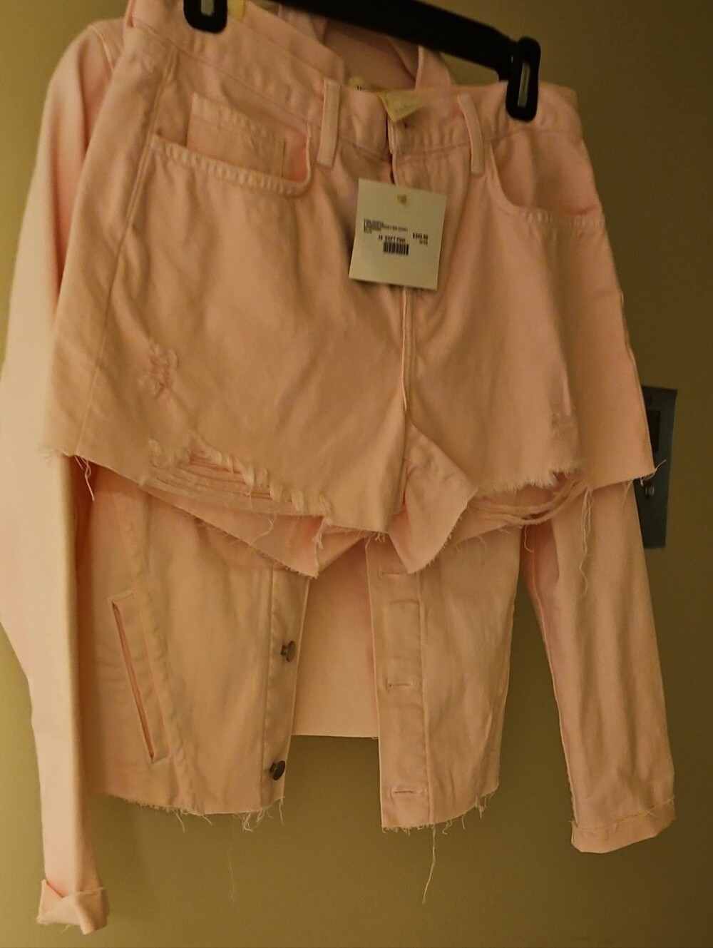 L'AGENCE Pastel Pink Distressed Denim Mini Shorts And Jacket